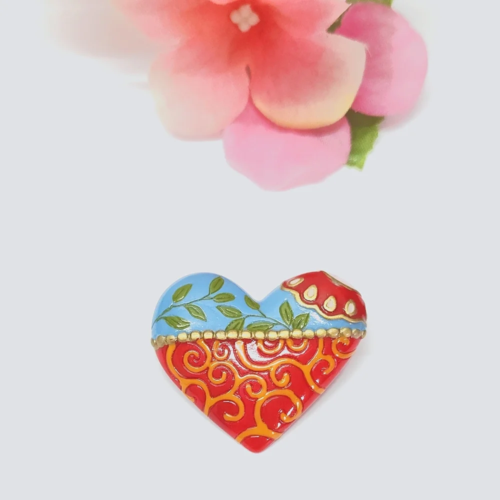 Vintage Hallmark Ganz Hand Painted Floral Heart Brooch or Pin